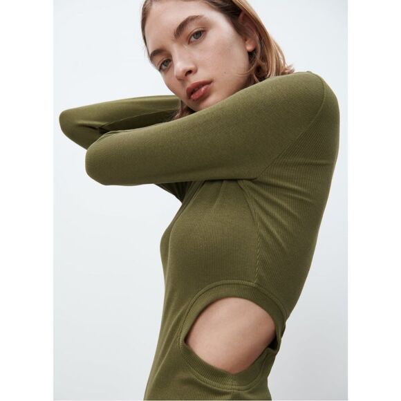 Zara NWT Cut Out Rib Midi Dress in Khaki - Picture 7 of 10
